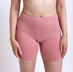 Load image into Gallery viewer, Size Medium wearing high rise certifed organic cotton boxer underwear in desert rose
Breathable fabric, no pinch waistband, soft lace detail on leg