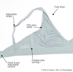 Load image into Gallery viewer, Flat lay of certified organic cotton scoop bralette.
Flirty Lace Detail, fully lined, adjustable straps, closure, flexible side boning