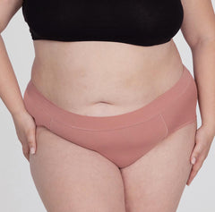 Load image into Gallery viewer, Front view of XXL woman wearing organic cotton underwear in a high rise brief style, wearing desert rose underwear in all cotton style
