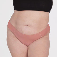 Load image into Gallery viewer, XXL model front view wearing la coochie organic cotton mid rise brief underwear in desert rose pink, all organic cotton style
