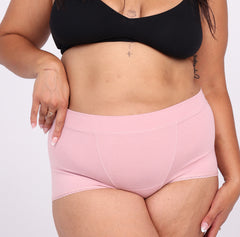 Load image into Gallery viewer, Size large woman wearing blush pink front view certified organic cotton boyshort
Long gusset, super soft breathable cotton fabric