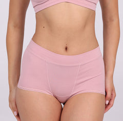 Load image into Gallery viewer, Size XS woman wearing certified desert rose organic cotton boyshort front view