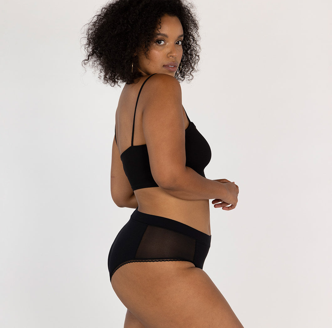 Women's organic cotton black high rise brief with mesh panels and lace detail 