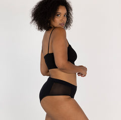 Load image into Gallery viewer, Women's organic cotton black high rise brief with mesh panels and lace detail