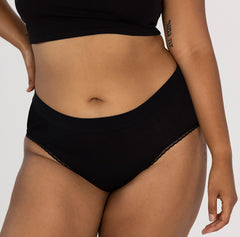 Load image into Gallery viewer, Front view of all cotton black high rise organic cotton brief style underwear with sexy lace detail
