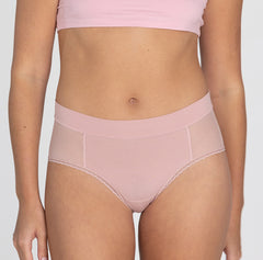 Load image into Gallery viewer, Woman wearing blush pink high rise organic cotton brief underwear style with sexy lace detail
