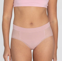Load image into Gallery viewer, Woman wearing blush pink high rise organic cotton brief underwear style with sexy lace detail