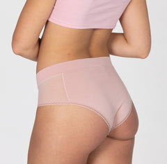 Load image into Gallery viewer, Back view of woman wearing la coochie organic cotton high rise brief underwear in blush pink color
