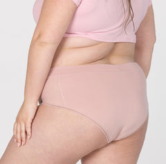 Load image into Gallery viewer, Back butt view of XXL woman wearing blush pink organic cotton high rise brief organic cotton underwear