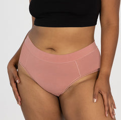 Load image into Gallery viewer, Woman wearing all organic cotton desert rose high rise brief underwear 
