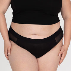 Load image into Gallery viewer, XXL woman front view wearing high rise organic cotton thong underwear with soft waistband and mesh panels