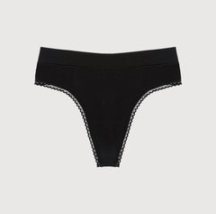 Load image into Gallery viewer, Flat lay of la coochie organic cotton high rise thong with lace detail and ultra-soft high waist waistband in midnight black all cotton style
