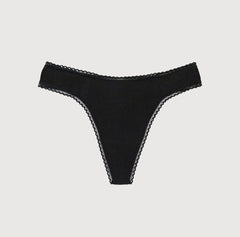 Load image into Gallery viewer, Flat lay of la coochie organic cotton mid rise thong underwear style, showing front with all-cotton style, lace detail &amp; curved waistband

