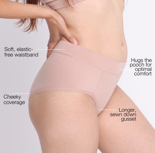 Champagne organic cotton high rise brief with features: soft elastic-free waistband, hugs the pouch for optimal comfort, cheeky coverage, longer sewn down gusset