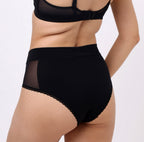XS Model showing back view of breathable comfortable organic cotton high rise brief 
Cheeky coverage with sexy mesh panel details on side 