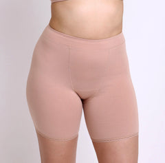 Load image into Gallery viewer, Size M wearing high rise organic cotton boxer underwear in champagne
Breathable fabric, no pinch waistband, soft lace detail on leg
