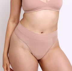Load image into Gallery viewer, Size Medium woman showing front view of organic cotton high rise thong
High waisted fit, breathable cotton fabric, longer gusset, non-toxic lace trim
