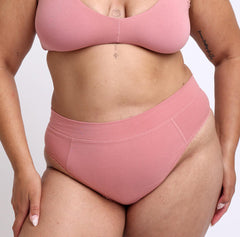 Load image into Gallery viewer, Size Large woman showing front view of organic cotton high rise thong
High waisted fit, breathable cotton fabric, longer gusset, non-toxic lace trim

