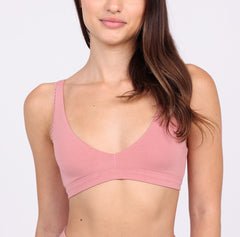 Load image into Gallery viewer, Size small Woman showing front view of desert rose certified organic cotton scoop bralette
