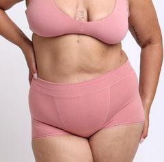 Load image into Gallery viewer, Size large woman wearing certified organic cotton desert rose high rise boyshort 
