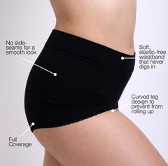 Load image into Gallery viewer, Infographic of certified organic cotton boyshort in black
No side seams
Elastic-free waistband
Curved leg design
Full Coverage 
