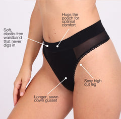 Load image into Gallery viewer, Certified Organic Cotton High Rise Thong in Black - infographic and call outs
Elastic-free waistband
Longer, sewn down gusset
Sexy high cut leg
