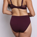 Size S model showing back view of organic cotton French-cut high brief in black cherry. Breathable, super soft organic cotton with a high French-cut leg