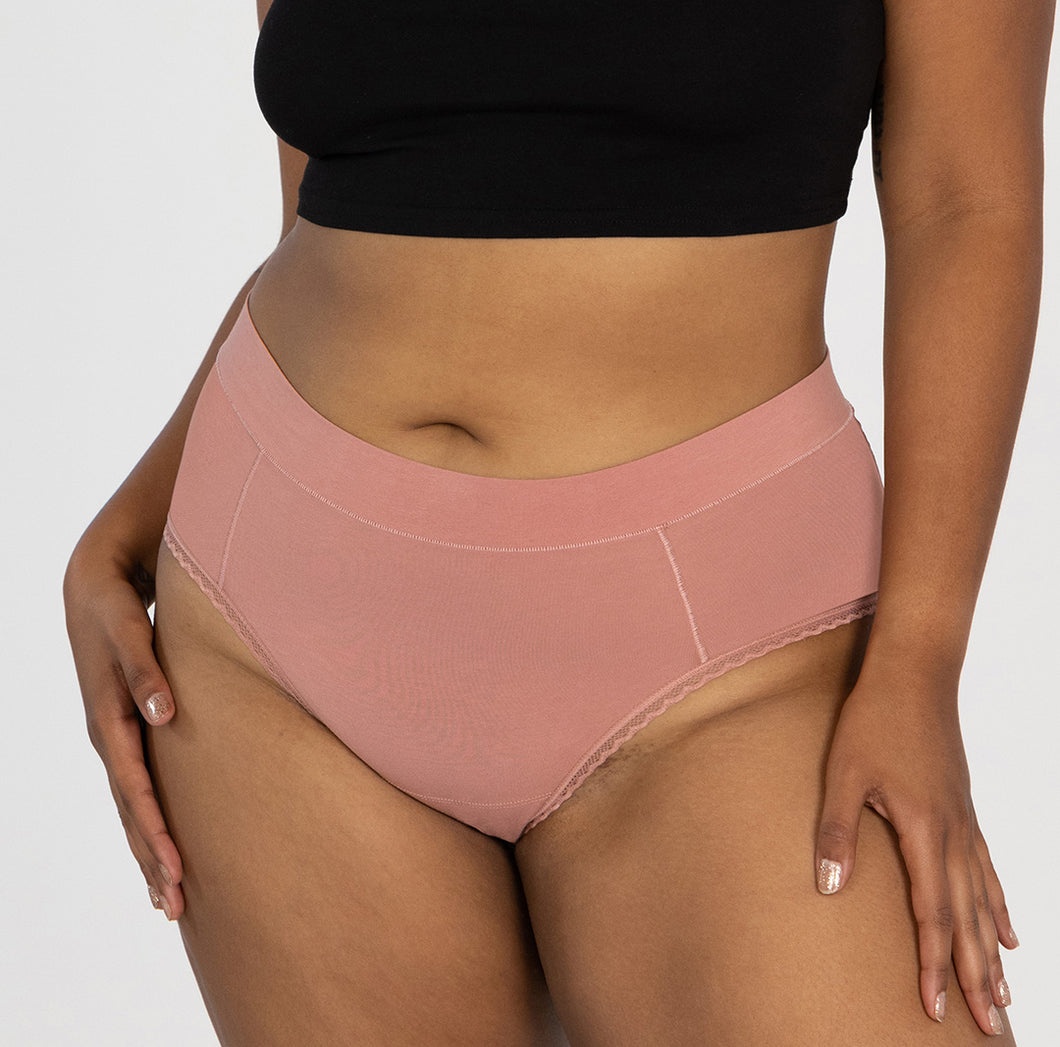 Woman wearing all organic cotton desert rose high rise brief underwear 